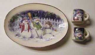 Dollhouse Miniature Snowman Tray & Mugs